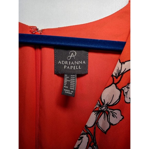 Adrianna Papell Red Floral Mock Wrap Midi Dress Ruffle Short Sleeves Size 16W - Picture 2 of 14